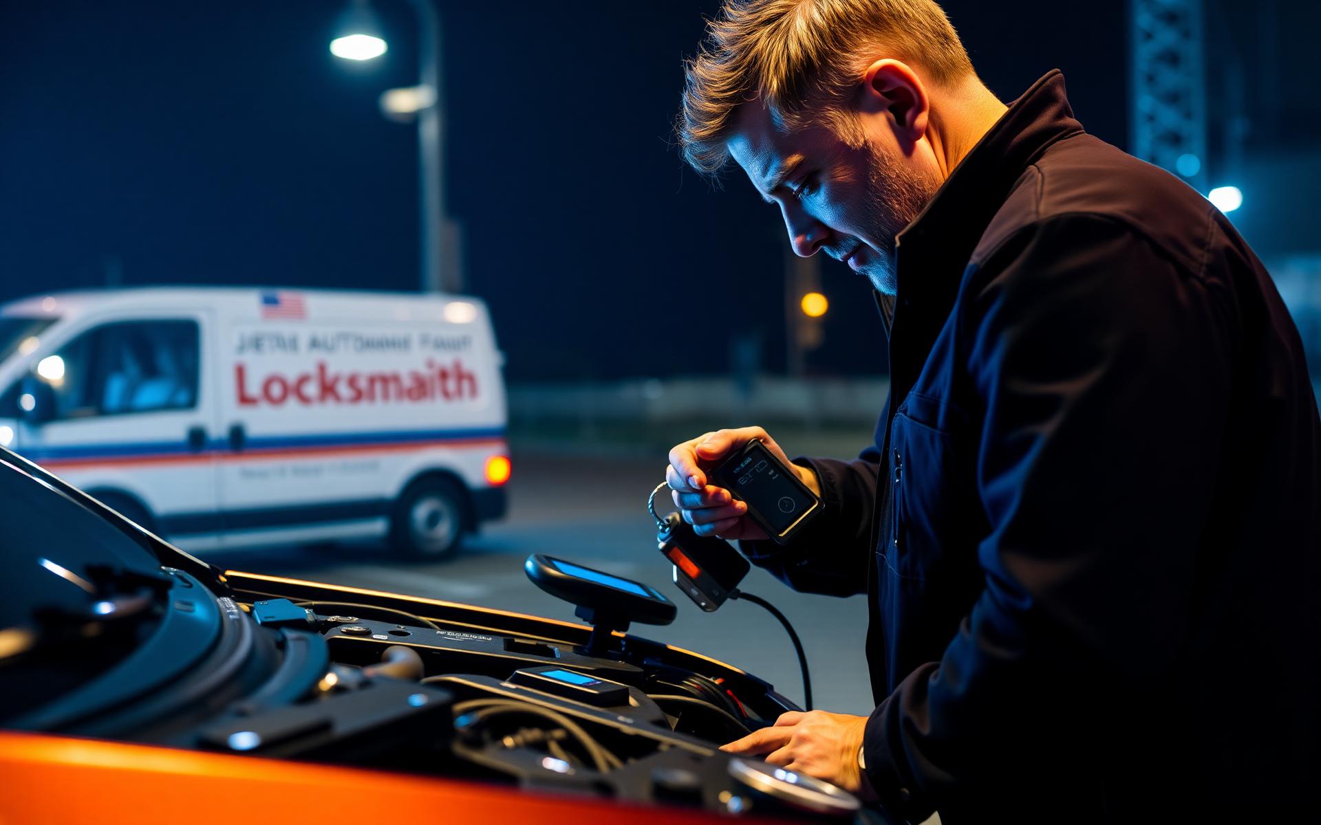 Mobile locksmith programming a car key at night
